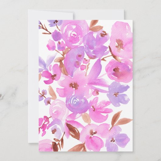 明るいはっきりしたピンクの紫のフローラブライダルシャワー 招待状 (裏面)