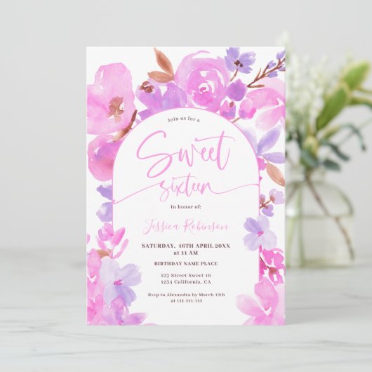 明るいはっきりしたピンクの紫のフローラ甘い16 招待状 (スタンド正面)