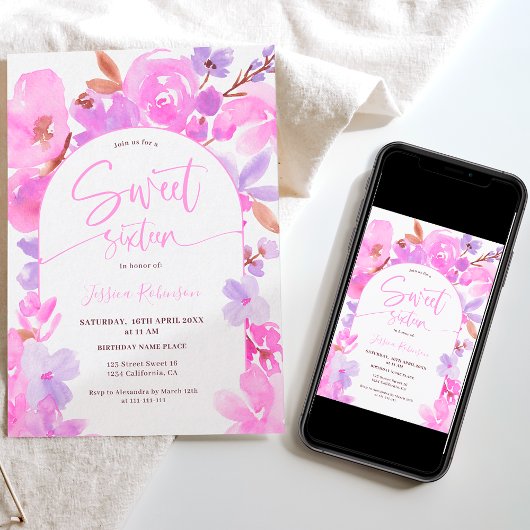 明るいはっきりしたピンクの紫のフローラ甘い16 招待状