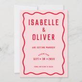 明るいはっきりしたピンクの赤い四角い波のレトロ写真 セーブザデート (正面)