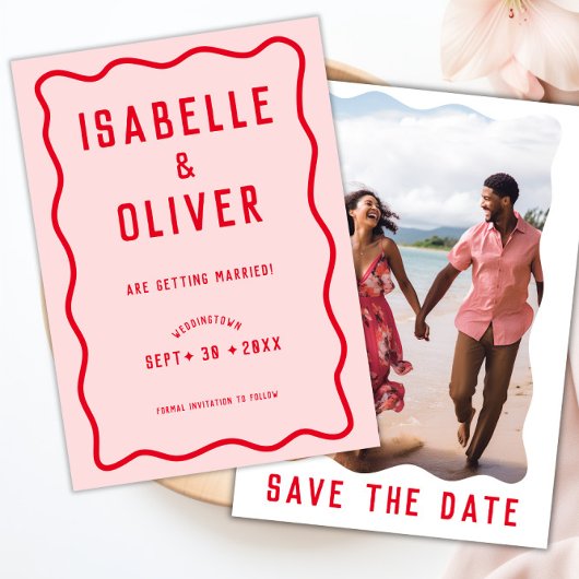 明るいはっきりしたピンクの赤い四角い波のレトロ写真 セーブザデート