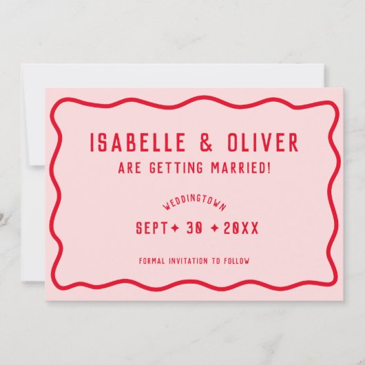 明るいはっきりしたピンクの赤い四角い波のレトロ写真 セーブザデート (正面)