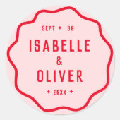 明るいはっきりしたピンクの赤い四角形の波状レトロ曲線 ラウンドシール (正面)