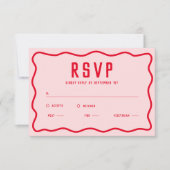 明るいはっきりしたピンクの赤い四角形の波状レトロ曲線 出欠カード (正面)