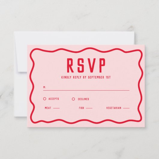 明るいはっきりしたピンクの赤い四角形の波状レトロ曲線 出欠カード (正面)