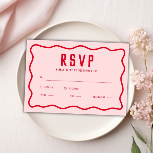 明るいはっきりしたピンクの赤い四角形の波状レトロ曲線 出欠カード