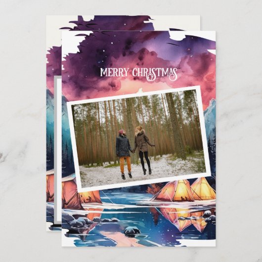 明るいはっきりした冬のキャンピングカップルのクリスマスフォト シーズンカード (正面/裏面)