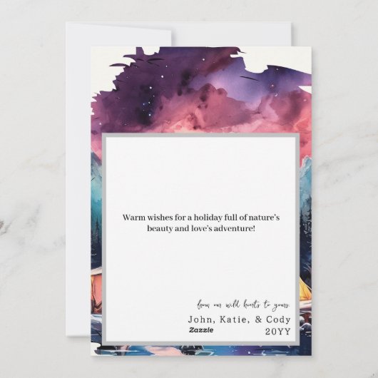 明るいはっきりした冬のキャンピングカップルのクリスマスフォト シーズンカード (裏面)