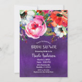明るいはっきりした水カラーフローラ紫ブライダルシャワー 招待状 (正面)