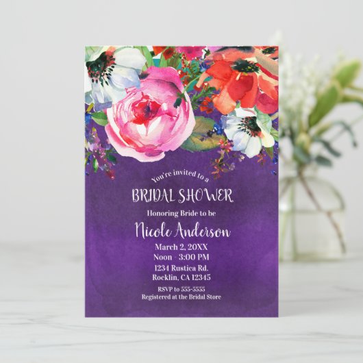 明るいはっきりした水カラーフローラ紫ブライダルシャワー 招待状 (スタンド正面)