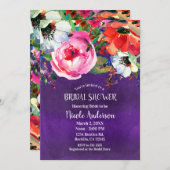 明るいはっきりした水カラーフローラ紫ブライダルシャワー 招待状 (正面/裏面)