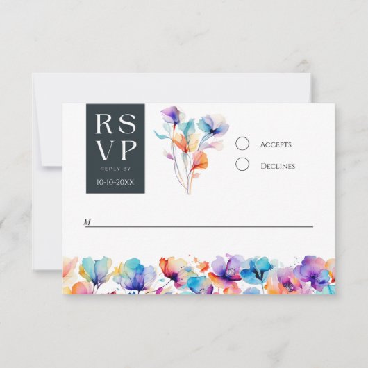 明るいはっきりした水色フローラ結婚式RSVPカード 招待状 (正面)