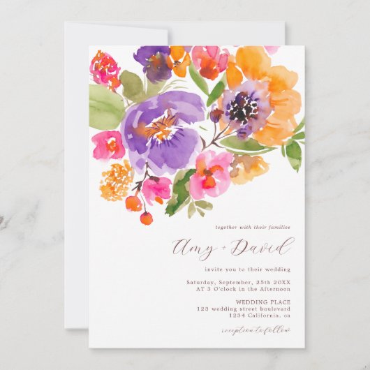 明るいはっきりした秋のフローラ水の色の結婚写真 招待状 (正面)