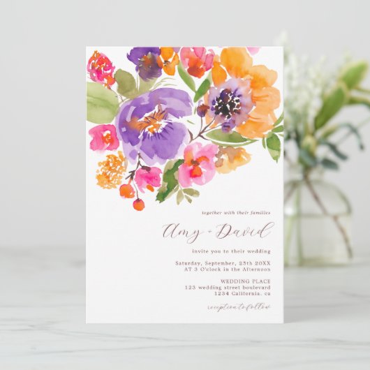 明るいはっきりした秋のフローラ水の色の結婚写真 招待状 (スタンド正面)