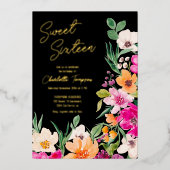 明るいはっきりした野生の花スクリプトSweet 16 箔招待状 (正面)