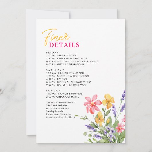 明るいはっきりした野生の花ブライダルバチェロレッテ 招待状 (裏面)