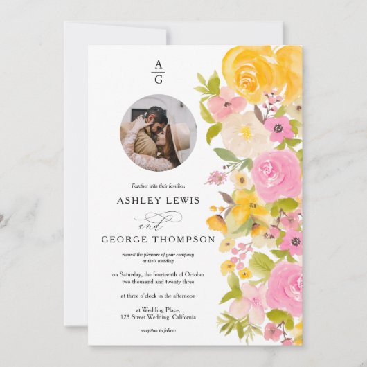 明るいはっきりした黄色のフローライニシャル結婚写真 招待状 (正面)