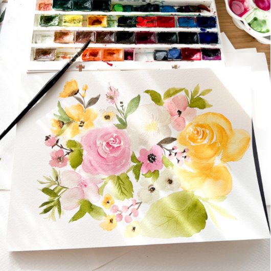 明るいはっきりした黄色のフローライニシャル結婚写真 招待状