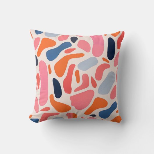 明るいよくはしゃぐスポットピンクとオレンジとブルーの抽象芸術 クッション (正面)