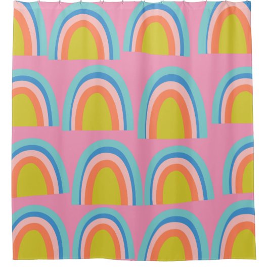 明るいよくはしゃぐピンクの幾何学的な虹のパターン シャワーカーテン (正面)