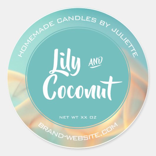 明るいアクアティール（緑がかった色）煙バックグランドキャンドルパッケージング ラウンドシール (正面)