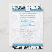 明るいアクアトリムで白い上に黒いダマスクの渦巻き 招待状 (裏面)