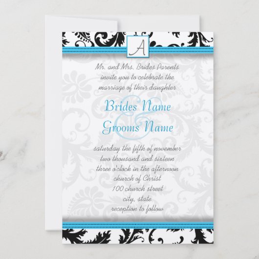 明るいアクアトリムで白い上に黒いダマスクの渦巻き 招待状 (裏面)