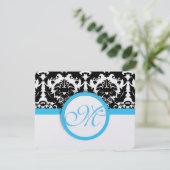 明るいアクアブルーのブラックダマスク結婚。 出欠カード (スタンド正面)