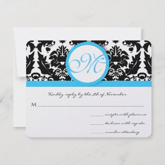 明るいアクアブルーのブラックダマスク結婚。 出欠カード (裏面)