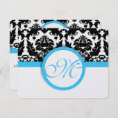 明るいアクアブルーのブラックダマスク結婚。 出欠カード (正面/裏面)