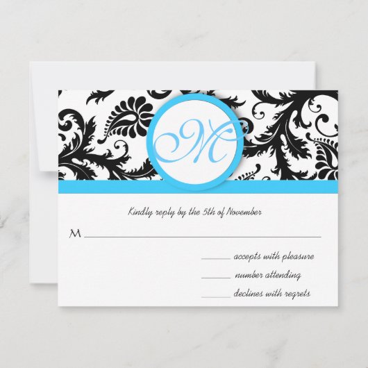 明るいアクアブルーのブラックダマスク結婚。 出欠カード (裏面)