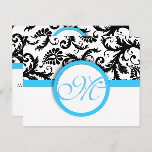 明るいアクアブルーのブラックダマスク結婚。 出欠カード (正面/裏面)