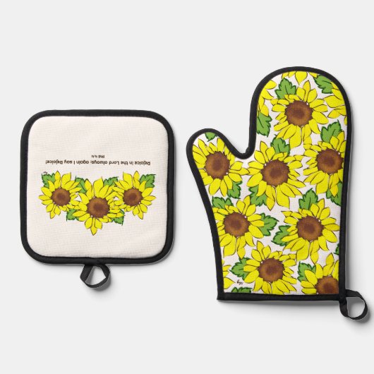 明るいイエローサンフラワー聖なる書物、 経典キッチン 鍋つかみ&鍋敷きセット (正面)