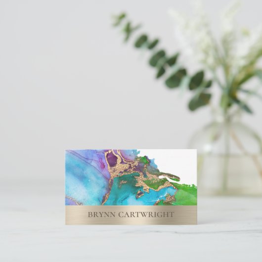 明るいインクが金ゴールドの葉で渦巻く芸術的 名刺 (スタンド正面)