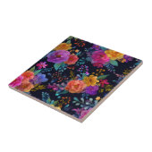 明るいエキゾチックな花が咲くブラックヴィンテージ タイル (側面)