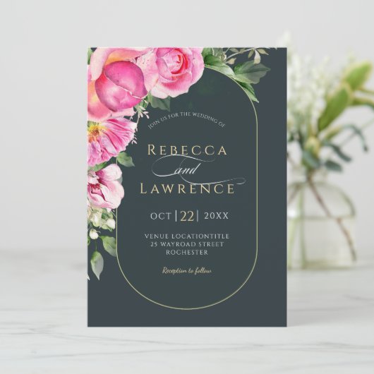 明るいエレガントピンクのフローラアーチ結婚式招待状 招待状 (スタンド正面)