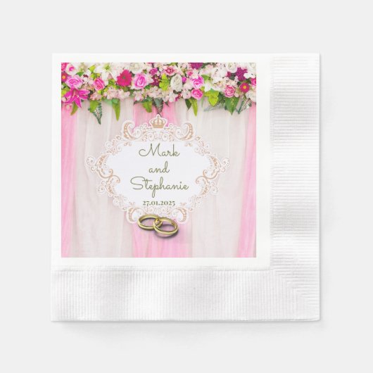 明るいエレガントピンクのフローラナプキン 縁ありカクテルナプキン (正面)