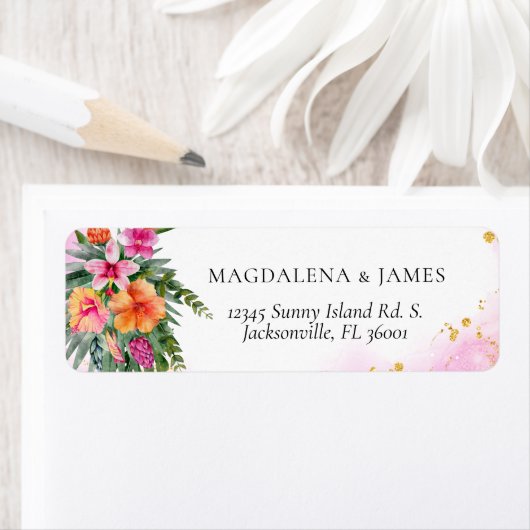 明るいエレガントピンクオレンジ熱帯島フローラ ラベル (インサイチュ)