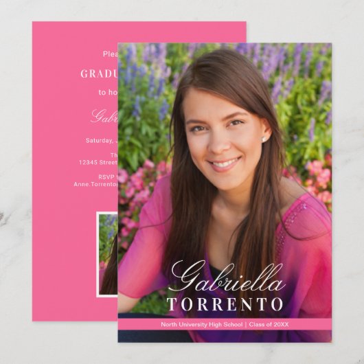明るいエレガントピンクカスタム色の写真卒業パーティー 招待状 (正面/裏面)