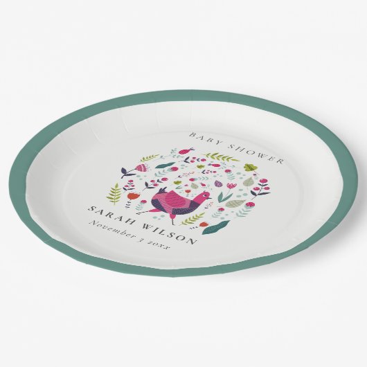 明るいエレガントフォークファームフローラバーディベビーシャワー ペーパープレート (アングル)