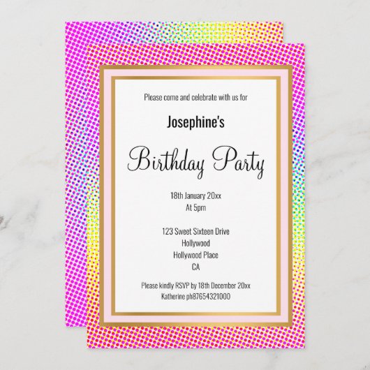 明るいエレガントレインボー金ゴールド誕生日 招待状 (正面/裏面)