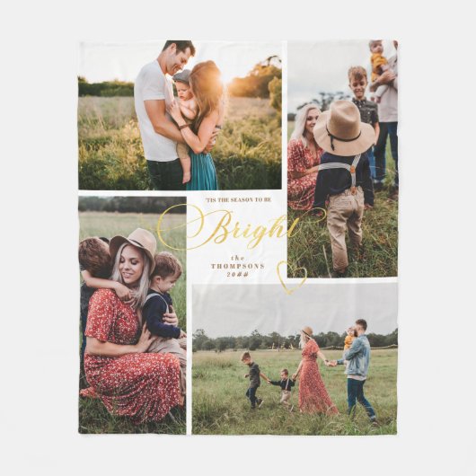 明るいエレガント金ゴールドクリスマスフォーフォトコラージュ フリースブランケット (正面)