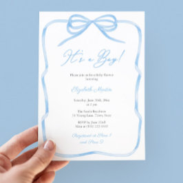 明るいエレガント青色の弓その男の子の赤ちゃんシャワーパーティー 招待状