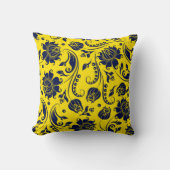 明るいエレガント黄色のネイビーブルーフローラダマスク クッション (正面)