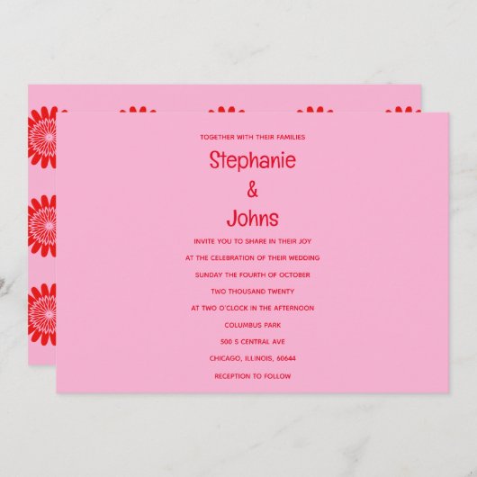 明るいオはっきりしたレンジピンクカラフルフローラ結婚の 招待状 (正面/裏面)