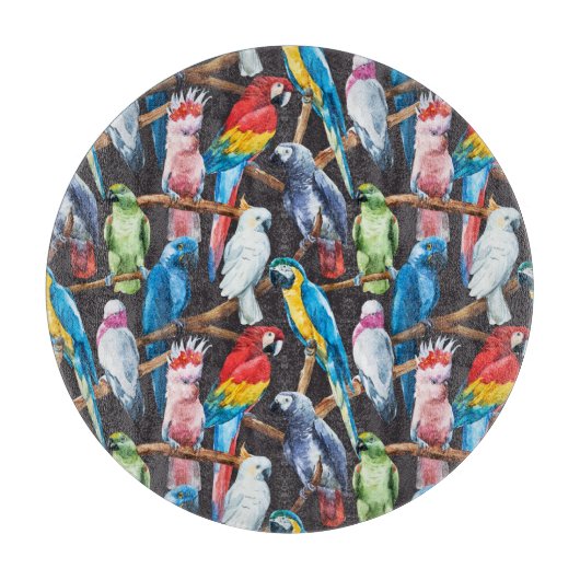 明るいオウム：熱帯の水彩壁紙。 カッティングボード (正面)