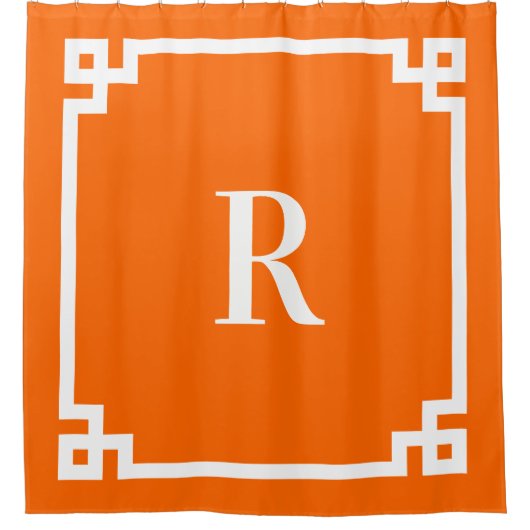 明るいオレンジと白ギリシャ語鍵モノグラム シャワーカーテン (正面)