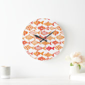 明るいオレンジの水彩の魚のパターン ラージ壁時計 (ホーム)
