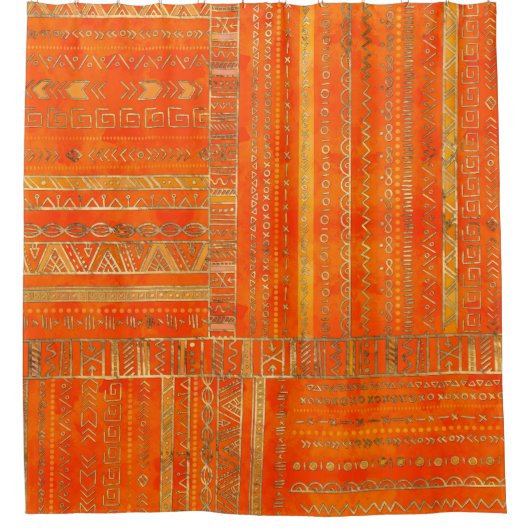 明るいオレンジの種族の民族パターン金ゴールド シャワーカーテン (正面)