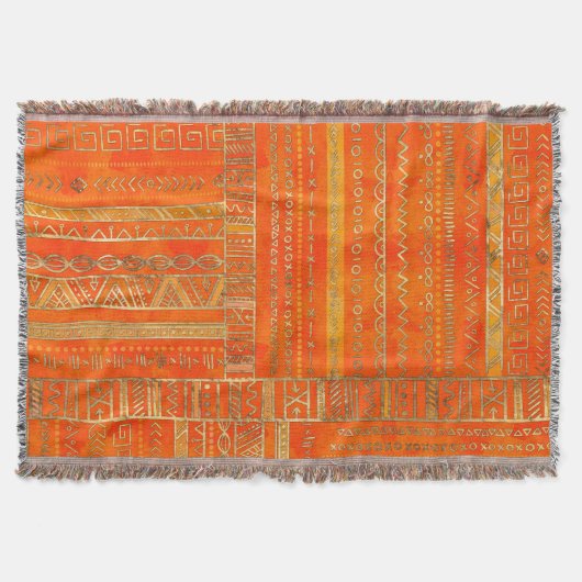 明るいオレンジの種族の民族パターン金ゴールド スローブランケット (正面)